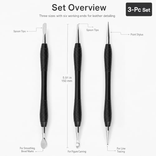 QWORK Leathercraft Modeling Tools Set, 3Pcs Leather Carving Modeling Tools (S/M/L) with Red PVC Pouch, Leather Stamping and Figure Carving Kit