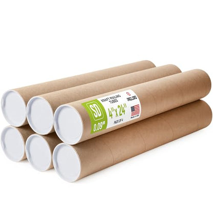 4" x 24" Reinforced Kraft Paper Mailing Tube, Pack of 6 Tubes with 12 Caps – Secure USPS Approved Poster Tube – Made in USA Cardboard Tube for Shipping and Storing Posters, Prints, Artwork - size: 4" x 24", style: Standard Duty