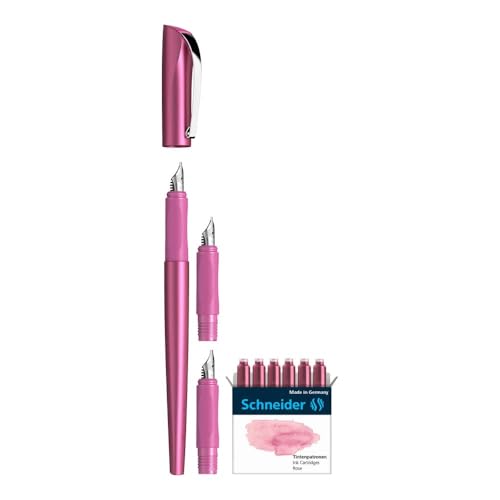 Schneider Callissima Calligraphy Fountain Pen Gift Set: Metallic Pink, 1.1 mm, 1.5 mm, 1.8 mm Interchangeable Tips + Pack of 6 Rose Ink Cartridges (143809)