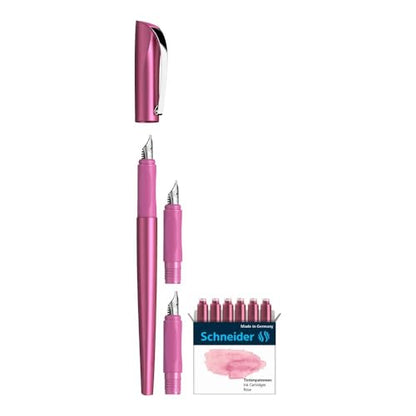 Schneider Callissima Calligraphy Fountain Pen Gift Set: Metallic Pink, 1.1 mm, 1.5 mm, 1.8 mm Interchangeable Tips + Pack of 6 Rose Ink Cartridges (143809)