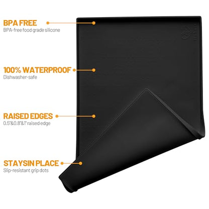 Hubulk Dog Feeding Mat,100% Waterproof Food Grade Silicone Pet Food and Water Bowl Placemat,Dishwasher, High Raised Edge to Prevent Spills,Nonslip Tray to Stop Messes on Floor（28"x18"x0.8", Black） - color: Black, size: 28"l X 18"w