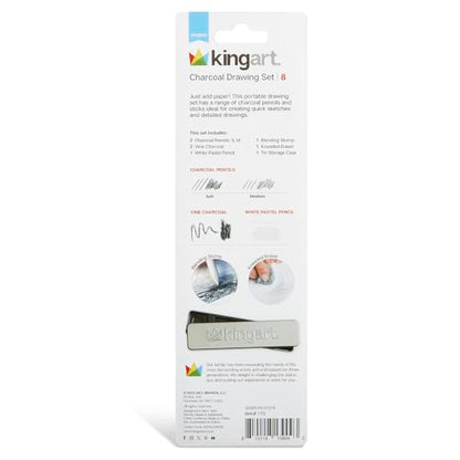 KINGART 8-Piece Charcoal Drawing and Sketching Set with Metal Tin – Includes Soft & Medium Charcoal Pencils, White Pastel Pencil, Blending Stump & Kneaded Eraser