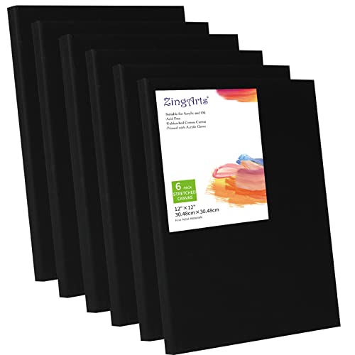 Black Canvas,12x12 Inch 6-Pack, 100% Cotton Primed Acid-Free Stretched Black canvases for Painting, Art Supplies for Acrylic Pouring, Oil Painting and Watercolor Paints. - size: 12x12inch