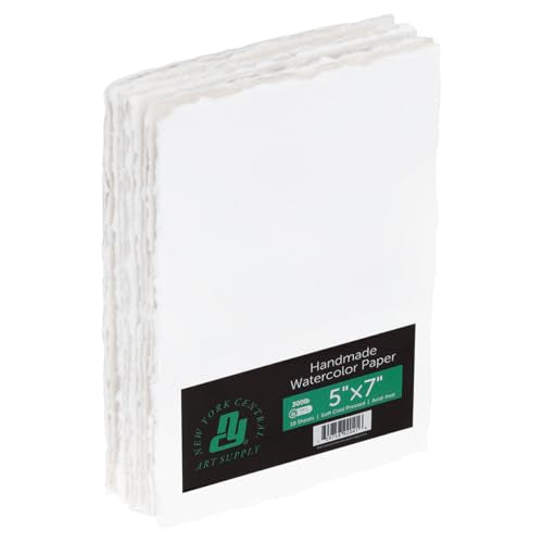 New York Central Handmade Watercolor Paper - 300lb, 5"X7" - 5 Packs of 5, 25 Total Sheets, Acid-Free 100% Cotton Rag, Cold Press, 4 Deckled Edges, Minimally Sized, Mixed Media Paper - size: 5X7"