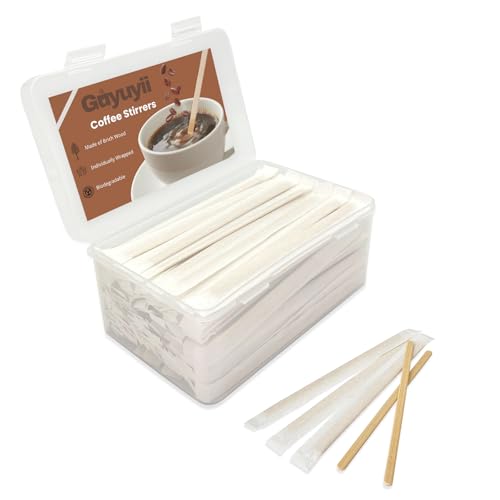 Guyuyii 300 Pcs 5.5" Coffee Stirrers Individually Wrapped with Storage Box | Wooden Stir Sticks for Offices, Coffee Bars, Cafes | Paper Wrapping, Compatible with Hot Drinks, Cold Drinks, Cocktails - size: 5.5 Inch (300 Count）
