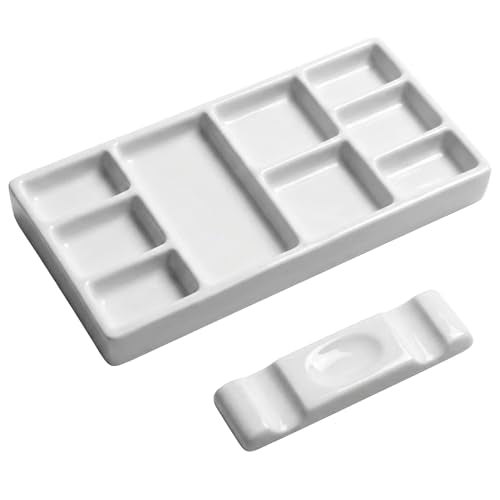 9 WellsCeramic Paint Palette, Porcelain Watercolor Palette for Artist, Rectangular White Mixing Tray for Gouache, Acrylic & Oil Painting, Easy to Clean Art Supplies - color: White-9