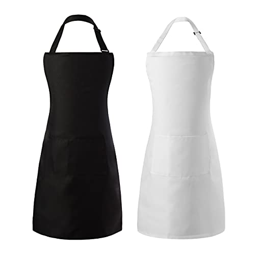 Tosewever 2 Pack Adjustable Bib Apron, Waterdrop Resistant Aprons with 2 Pockets Cooking Kitchen Restaurant Aprons for Women Men Chef, BBQ Drawing Crafting Outdoors (Polyester - Black & White, 2) - color: Polyester - Black & White