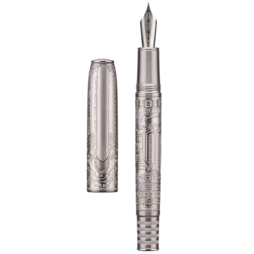 Hongdian 100 Silver Steel Piston Fountain Pen, Iridium Long Blade Fine Nib Calligraphy, Smooth Writing Pens, Nice Writing Pen for Men & Women - color: Silver-100, style: Long Blade Point