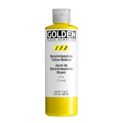 GOLDEN Fluid Acrylics, Benzimidazolone Yellow Medium, 8 fl. oz. Bottle, Professional Acrylic Paint, Semi-Transparent