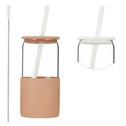 Sunseeke Glass Tumbler with Straw and Lid, 16oz Ice Coffee Cup, Silicone Sleeve Cleaning Brushes, Drinking Glasses for Water, Iced Coffee, Smoothie - BPA Free (Sandy Beige) - color: Sandy Beige
