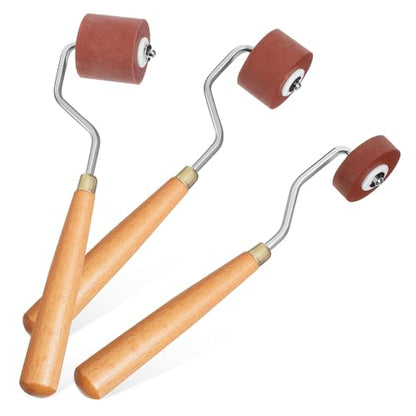 Beavorty 3pcs Rubber Rollers Set with Comfortable Grip and Three Different Widths for Printmaking and Craft Stamping, Sturdy Wood and Stainless Steel Handles Reduce Fatigue