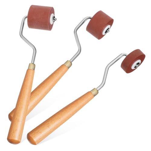Beavorty 3pcs Rubber Rollers Set with Comfortable Grip and Three Different Widths for Printmaking and Craft Stamping, Sturdy Wood and Stainless Steel Handles Reduce Fatigue
