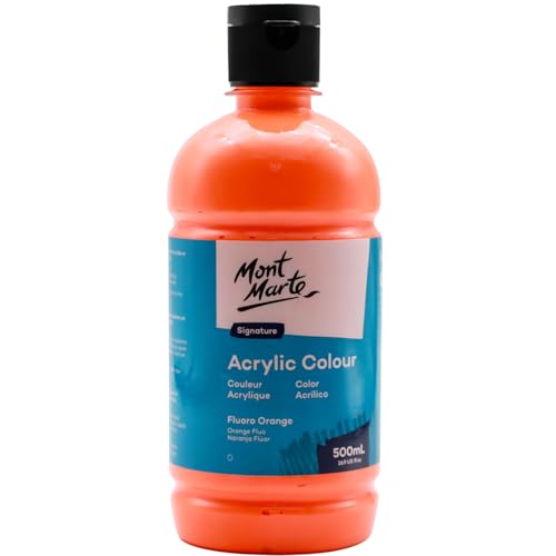 Mont Marte Signature Fluoro Orange Acrylic Paint, 16.9oz (500ml), Semi-Matte Finish, 12 Colors, Suitable for Canvas, Wood, Fabric, Leather, Cardboard, Paper, MDF and Crafts - color: Fluoro Orange, size: 16.9 Fl Oz (Pack of 1)