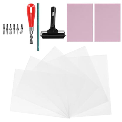 Rubber Carving Kit Stamp Block Making Set, Printmaking Printing Art Craft with Cutter Tools, Complete DIY Rubber Stamp Carving Kit for Beginners and Professionals, Includes 6 Blade