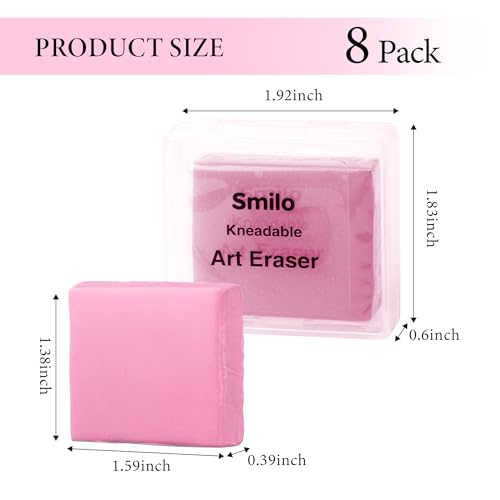 Smilo 8-Pack Pink Kneaded Erasers | Moldable & Dust-Free Putty Eraser | No Smudge Art Eraser with Case for Drawing - color: Pink