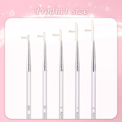 5Pcs Nail Art Liner Brushes Set, Manicure Brush Fine Drawing Thin Lines Painting Details Striping Design For Gel Polish Dotting Pen Transparent Handle Home DIY, 6/9/12/18/24mm - color: White