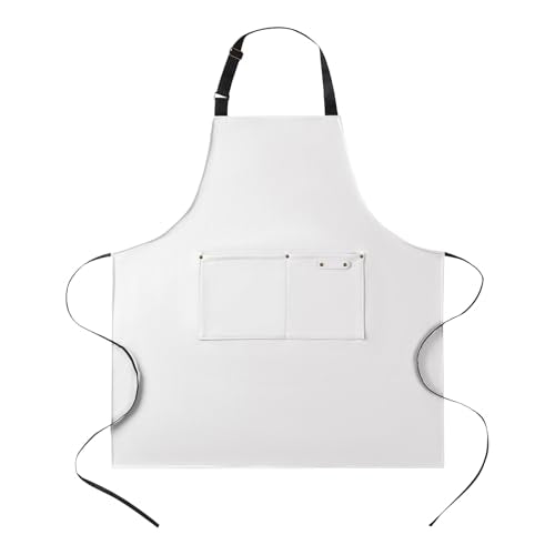 eywlwaar PU Waterproof Apron with 2 Big Pockets Adjustable Oil Proof Apron for Kitchen Dishwashing Cooking 29.92"x 26.77" - color: White
