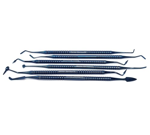 Composite Dental Set of 6 pcs Restorative Plastic Filling Restoration Preparation Carvers Contouring Plugger Ball Burnisher Tooth Cavity Various Decay Removal Double Ended Instruments (Blue) - color: Blue