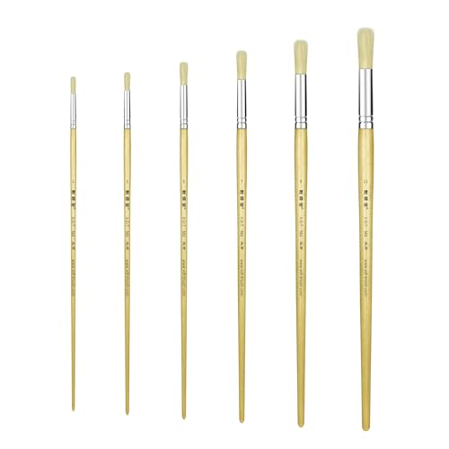 XDT#582 Round Tip Artist Paint Brush 6 Piece Set Medium Stiff Hog Bristle Extra Long Handle #2#4#6#8#10#12, Best Brush for Painting Oil Acrylic Watercolor On Canvas - size: Even Sizes (Round 6-PCS)