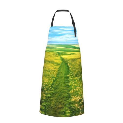 Round watercolor painting Heavy Duty Waterproof Apron with Pockets for AdultsResistant Grilling, Gardening, Painting - color: Grassland Paths