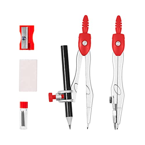 Unjoo Math Geometry Sets 10 Piece Student Supplies with Shatterproof Storage Box,Includes Rulers,Protractor,Compass,Eraser,Pencil Sharpener,Lead Refills,Pencil,for Drafting and Drawings (Red)） - color: Red1