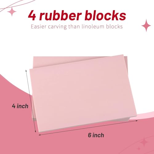 4 Pack Rubber Carving Blocks 4x6 Inch with Lino Cutter Tool Set, Soft Rubber Stamp Making Kit for Block Printing, Linoleum Blocks for Printmaking and DIY Stamp Crafts, Pink