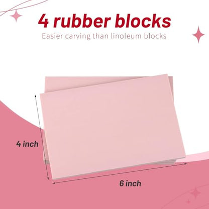 4 Pack Rubber Carving Blocks 4x6 Inch with Lino Cutter Tool Set, Soft Rubber Stamp Making Kit for Block Printing, Linoleum Blocks for Printmaking and DIY Stamp Crafts, Pink