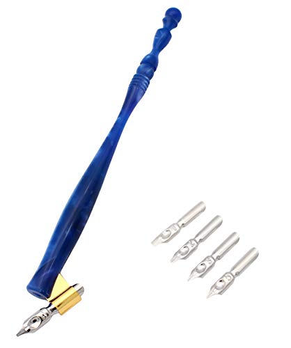 XIAOYU Calligraphy Oblique Nib Pen Holder, English Calligraphy Pen Nib Holder, Resin Dip Pen Handle Nib Holder with 5 Flat Nibs, Blue - color: Blue