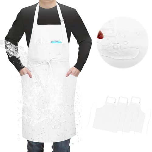 SHEOMERN 3 Pcs Dual Waterproof Oilproof Kitchen Chef Aprons with 4 Pockets for Men Women, Adjustable Soft Anti-Tear Cooking Bib Apron for Baking Grilling BBQ Painting Cleaning (White) - color: White