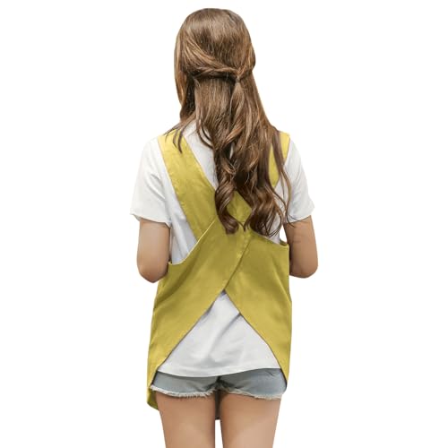 Shortened Design Apron, Japanese Style Soft Cotton Linen Apron with Two Side Pockets, X Cross Halter Aprons, Kitchen Cooking Clothes Gift for Women DIY Project, Crafting, Cooking, Baking(Yellow) - color: Yellow, style: 1# Style-rounded Edge