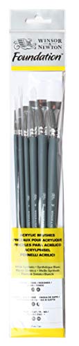 Winsor & Newton Foundation Synthetic Acrylic Brush Set, Long Handle, Round Filbert & Flat, 6 Pack - size: Round 3 & 6, Filbert 3 & 6, Flat 10 & 14, style: Long Handle