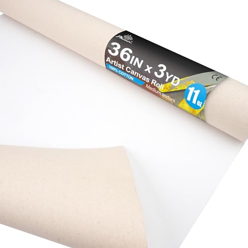 PHOENIX 36 Inch Wide x 3 Yard (9 Feet) Long Canvas Roll | 100% Cotton 11 Oz. Gesso Primed, Ready to Use Unstretched Professional Roll of Canvas for Oil & Acrylic Painting - size: 36 inch x 3 yard, style: 11 oz.