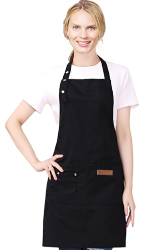 Kitchen Cooking Apron for Women Men with Big Pockets Canvas Waterproof Aprons for Server Pottery Artist Chef Apron - color: Black