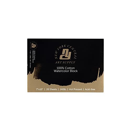 New York Central Watercolor Paper Block - 7x10" - 20 Sheets, 140 lb. Hot Press - 100% Cotton, Acid-Free, Archival Quality, Bright White Watercolor Paper Pad for Wet & Dry Media - size: 7x10"
