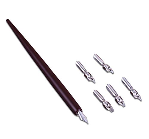 Wooden Calligraphy Dip Pen, Wood English Calligraphy Pen Copperplate Script Oblique Dip Pen Holder with 5 Different Nibs, Brown - color: Brown + 5Nib