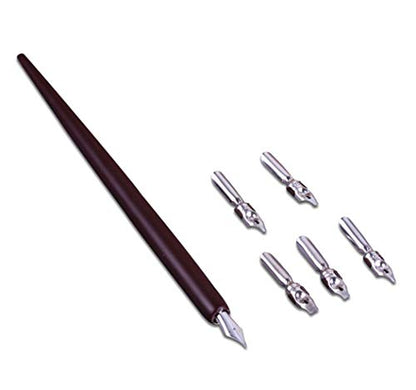 Wooden Calligraphy Dip Pen, Wood English Calligraphy Pen Copperplate Script Oblique Dip Pen Holder with 5 Different Nibs, Brown - color: Brown + 5Nib