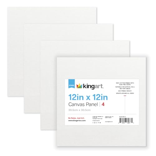 KINGART White Canvas Panel Set – Square, 12x12 Inch, 4-Pack – 100% Cotton, Pre-Primed Gesso Artist Boards for Acrylic, Oil, Sketching, & Mixed Media Painting - color: White, size: 12" x 12"