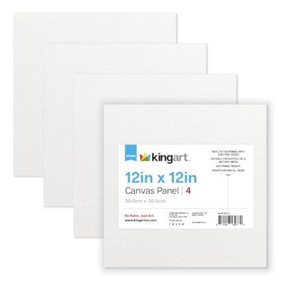 KINGART White Canvas Panel Set – Square, 12x12 Inch, 4-Pack – 100% Cotton, Pre-Primed Gesso Artist Boards for Acrylic, Oil, Sketching, & Mixed Media Painting - color: White, size: 12" x 12"