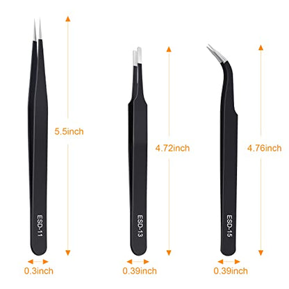 kaverme 3PCS Precision Tweezers Set, Upgraded Anti-Static Stainless Steel of Tweezers, for Electronics, Soldering, Laboratory Work, Jewelry-Making, Model, Craft - style: 3pcs