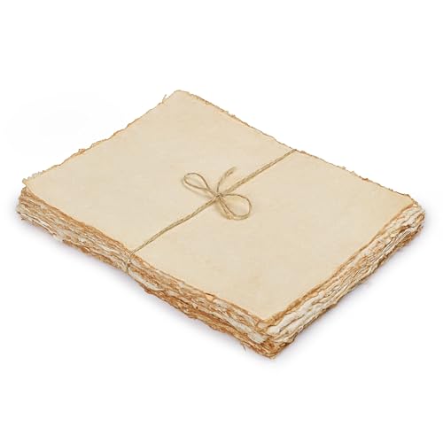 LEATHER VILLAGE Vintage Deckled Edge Handmade Watercolor Paper 4x6 | 50 Sheets of 150 GSM thick cotton paper with warm aged look for drawing, watercolor, ink, sketching and letter writing - color: Antique/Vintage, size: 6"X4"