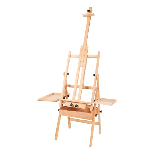 Wooden H-Frame Studio Easel with Storage Tray and Shelf, Adjustable Height and Angle, Sturdy Beechwood Canvas Holder Stand - Floor Wooden Easel Stand for Painting