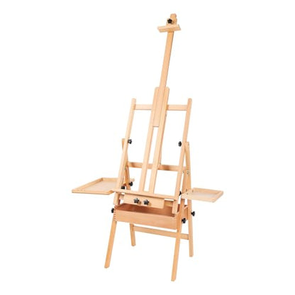 Wooden H-Frame Studio Easel with Storage Tray and Shelf, Adjustable Height and Angle, Sturdy Beechwood Canvas Holder Stand - Floor Wooden Easel Stand for Painting
