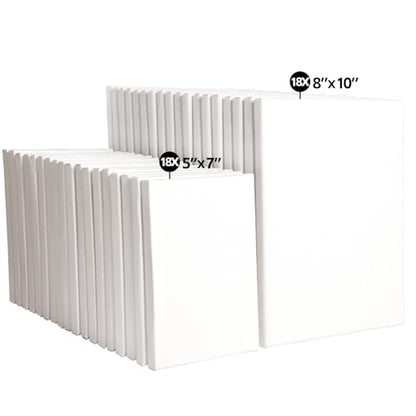 36 Pack Stretched Canvases for Painting with 18 Packs of 5''x7,8''x10 100% Cotton Blank Painting Canvas for Oil, Acrylic Paint & Other Painting Media - size: 18 Pack of 5x7 and 8x10