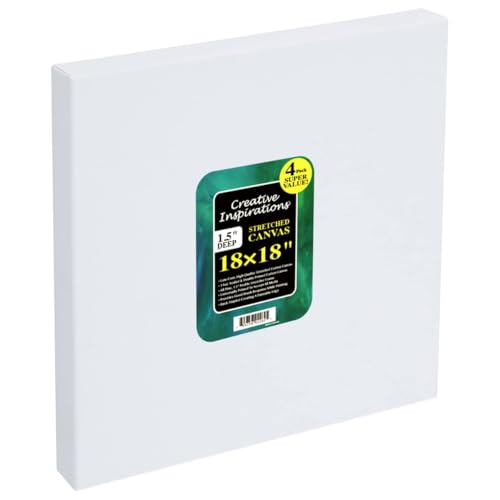 Creative Inspirations Stretched Canvas 4 Pack - 1-1/2" Deep, 18x18, 11oz Sealed & Double-Primed Cotton Canvases, Pine Stretcher Frame, Archival All-Media Primer - Alkyd, Acrylic & Oil Painting - size: 18x18"