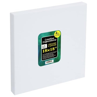 Creative Inspirations Stretched Canvas 4 Pack - 1-1/2" Deep, 18x18, 11oz Sealed & Double-Primed Cotton Canvases, Pine Stretcher Frame, Archival All-Media Primer - Alkyd, Acrylic & Oil Painting - size: 18x18"