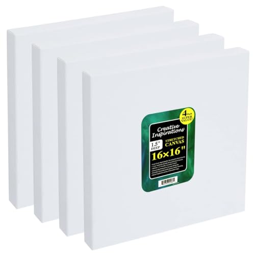 Creative Inspirations Stretched Canvas 4 Pack - 1-1/2" Deep, 16x16", 11oz Sealed & Double-Primed Cotton Canvases, Pine Stretcher Frame, Archival All-Media Primer - Alkyd, Acrylic & Oil Painting - size: 16x16"