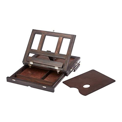 KINGART Adjustable Wood Espresso Stained Desk Table Easel with Storage Drawer, Paint Palette, Portable Wooden Artist Desktop, Painting, Drawing Sketching Book StandE