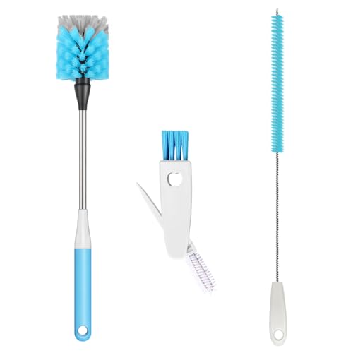Bottle Brush 15-inch Long Bottle Brush, Kitchen Brush Set with Straw Cleaner and Cup Lid Cleaning Brush. Bottle Brushes Suitable for Water Bottles, Cups, Glasses, Baby Bottles (3, Blue)