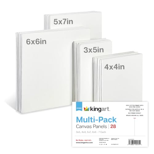 KINGART White Canvas Panel Set – Mini Assortment, 28-Pack – 100% Cotton, Triple Gesso Primed Artist Boards for Acrylic, Oil, Sketching, & Mixed Media Painting - color: White, size: Mini