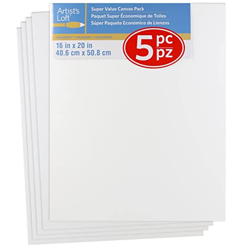 Artist's Loft 5 Count 16” x 20” Super Value Canvas - Acid Free Cotton Canvas for Paint, Acrylic, & Oils - 1 Pack - size: 16 x 20 inches